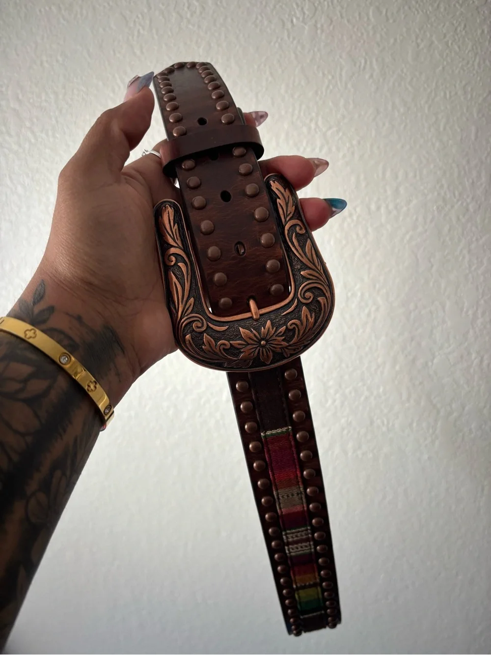 Ariat Brown Leather Belt with Copper Studs & Multicolor Stripe